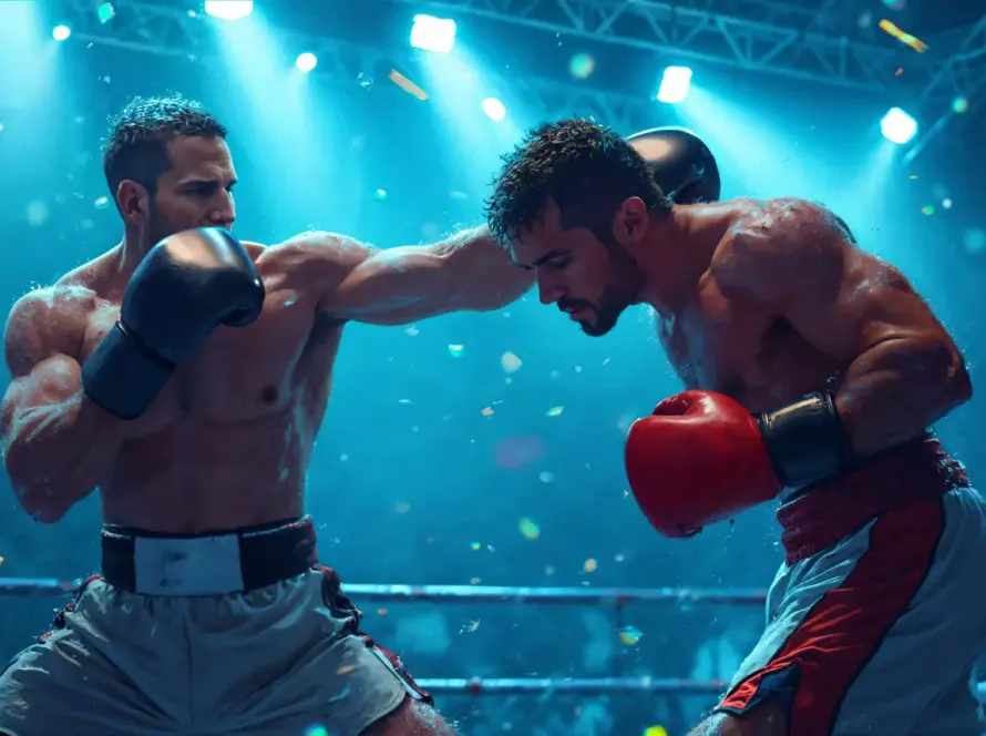Dos boxeadores en un combate intenso, uno lanzando un golpe a la cara del otro, en un ring iluminado con luces brillantes y un público animado de fondo.