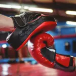 Mano con guante de boxeo rojo impactando contra un zapato de entrenamiento negro en un gimnasio de boxeo. Fondo con equipo de entrenamiento y ambiente deportivo.