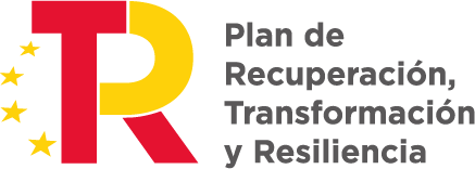 Logo del Plan de Recuperación, Transformación y Resiliencia de España, con las letras "R" y "T" en colores rojo y amarillo, acompañadas de estrellas.