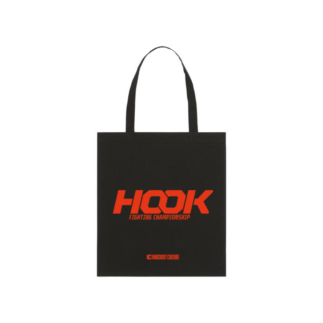 Bolsa de tela negra con el logotipo de "HOOK Fighting Championship" en letras rojas, ideal para aficionados de las artes marciales y eventos deportivos.